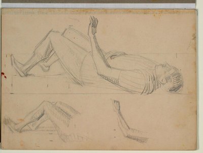 Estudio de soldado acostado para "La resurrección de Cristo", además estudios de detalle de las piernas y un brazo izquierdo de Niels Larsen Stevns