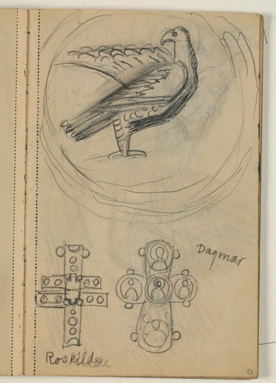 Estudios de pájaro y dos cruces, probablemente después de un modelo de Niels Larsen Stevns