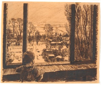 Un niño en una ventana con vista al jardín y al campo de Niels Skovgaard