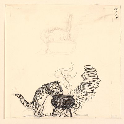 Ilustración de "El gato gordo" y boceto de Niels Skovgaard