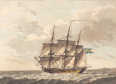 Una fragata sueca con velas de mesana arriadas bajo el viento de Niels Truslew