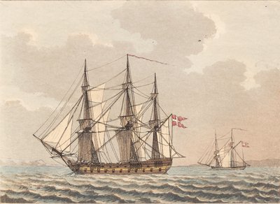 Un barco de guerra danés anclado, secando sus velas de Niels Truslew