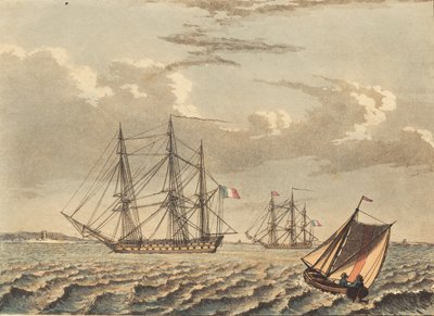 Barcos de guerra franceses anclados, y un bote cruzando de Niels Truslew