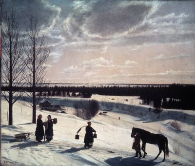 Escena de invierno, invierno ruso (Escena de invierno, invierno ruso). Descripción de un paisaje nevado a la luz del atardecer, con figuras en el camino: una conduciendo un caballo y mujeres, una carga de baldes y otras dos hablando cerca de un trineo. pei de Nikifor Stepanovich Krylov