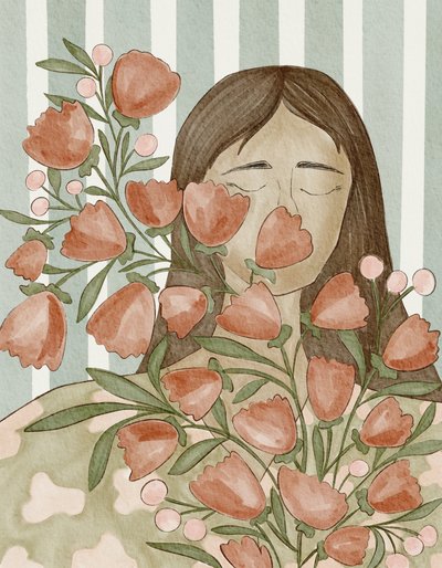 Mujer serena con flores de Nikita Jariwala