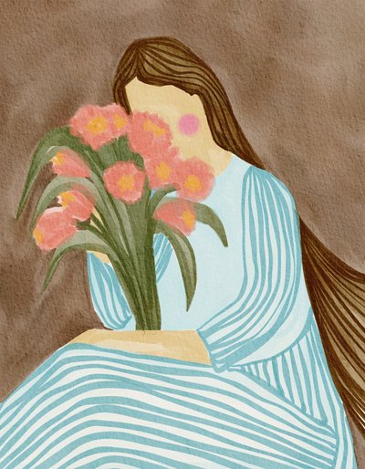 Mujer tímida y tulipanes rosas de Nikita Jariwala