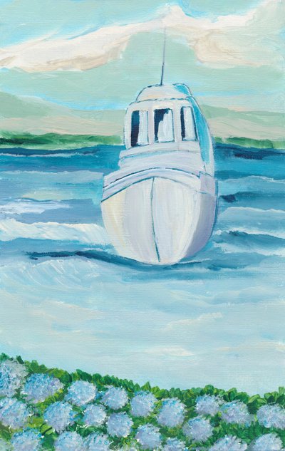Barco blanco, hortensias azules de Nikita Jariwala
