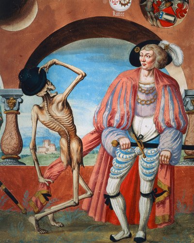 La Muerte burlándose del conde, detalle del ciclo de la Danza de la Muerte por Albrecht Kauw de Niklaus Manuel