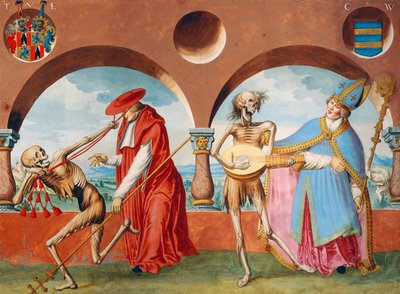 La muerte, el patriarca y el obispo del ciclo de la Danza de la Muerte de Niklaus Manuel