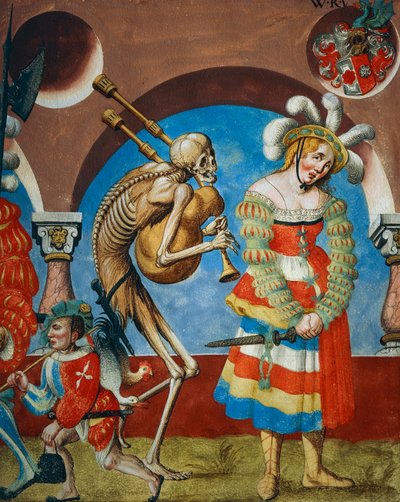 La Muerte con gaita y Prostituta, (detalle) de La Muerte, Mercenario y Prostituta del ciclo de La Danza de la Muerte por Albrecht Kauw de Niklaus Manuel
