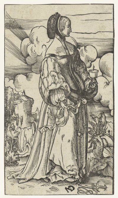 Virgen sabia con lámpara de aceite encendida en un paisaje
Cinco vírgenes prudentes y cinco insensatas (título de la serie) de Niklaus Manuel Deutsch