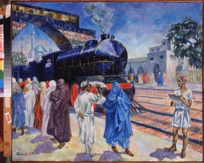 El primer tren. En una estación de ferrocarril de Asia Central, con una mezquita al fondo, llega el tren de vapor, los pasajeros del andén van a subir, mientras el empleado del ferrocarril mira. Pintura de Nikolai Afasasyevich Rusakov (18 de Nikolai Afanasyevich Rusakov