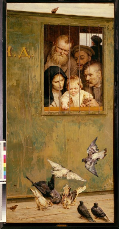 La vida está en todas partes. (Desde la ventana de un vagón con barrotes de hierro, un niño rodeado de caras sonrientes arroja migas a los pájaros). Pintura de Nikolai Alexandrovich Yaroshenko (Yarochenko) (1846-1898), óleo sobre lienzo de Nikolai Aleksandrovich Yaroshenko