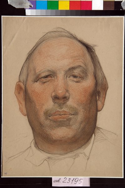 Portrait de Demian Bedny (1883-1945) - Oeuvre de Nikolai Andreevich Andreev (1873-1932), sanguine et craies sur papier (32x24,2 cm), vers 1920 - (Retrato de Demyan Bedny, por Nikolay Andreyevich Andreyev, sanguina, tiza blanca y negra sobre papel de Nikolai Andreevich Andreev