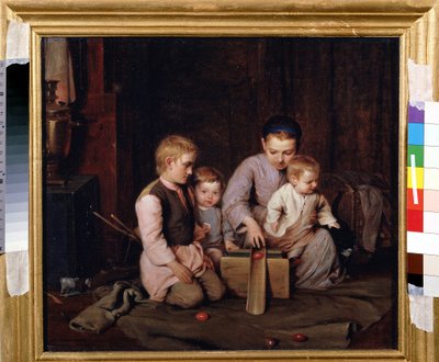 Juegos de huevos de Pascua. Cuatro niños juegan con huevos de madera en un comedero de madera, sentados sobre un abrigo, extendido en el suelo de la casa. Pintura de Nikolai Andreevitch Kocheliov (1840-1918), óleo sobre lienzo de Nikolai Andreevich Kocheliov