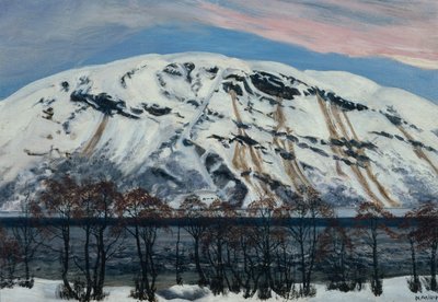 Fría mañana de abril con avalancha, montaña nevada de Nikolai Astrup