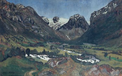 Noche de junio en el pueblo de montaña. de Nikolai Astrup