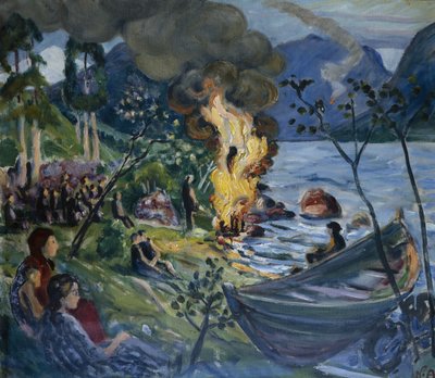 Los cuatro del solsticio de verano en el agua de Jølster (óleo sobre lienzo) de Nikolai Astrup