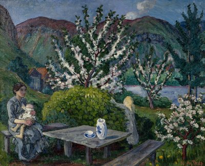 Madre e hijo junto a la mesa del jardín (óleo sobre lienzo) de Nikolai Astrup