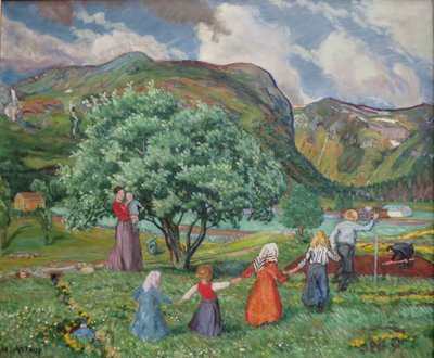 Nynorsk noruego:  Viento de verano y niños jugando
Noruego Bokmål:  Viento de verano y niños jugando de Nikolai Astrup
