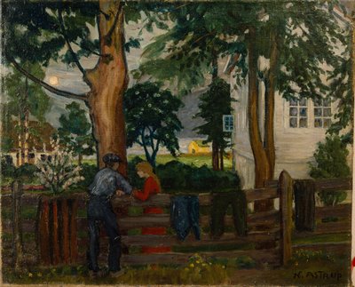 Noche de verano junto a la puerta del jardín (óleo sobre lienzo) de Nikolai Astrup