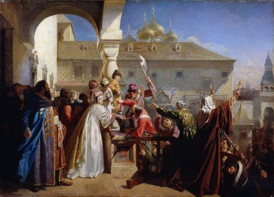 El levantamiento de Moscú de 1682 o el levantamiento de stretlets de 1682: Tsarina Natalia Narychkina (Nathalie Narychkine) (1651-1694) mostrando a Ivan V (1666-1696) a los streltsy - Pintura de Nikolai Dmitrievich Dmitriev Orenburg de Nikolai Dmitrievich Dmitriev Orenburgsky