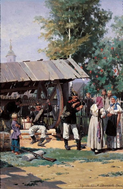 Soldados rusos en un pueblo rural, 1877 de Nikolai Dmitrievich Dmitriev Orenburgsky
