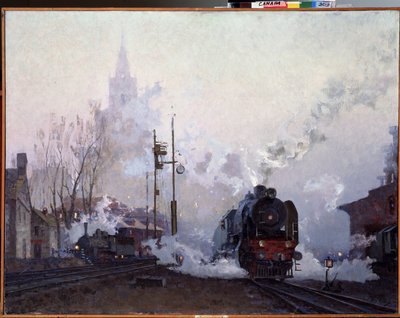 En el camino. Las locomotoras de vapor ahogan el paisaje urbano en el humo de sus vías. Pintura de Nikolai Dmitryevich Kuznetsov (1923-1974), óleo sobre lienzo de Nikolai Dmitrievich Kuznetsov