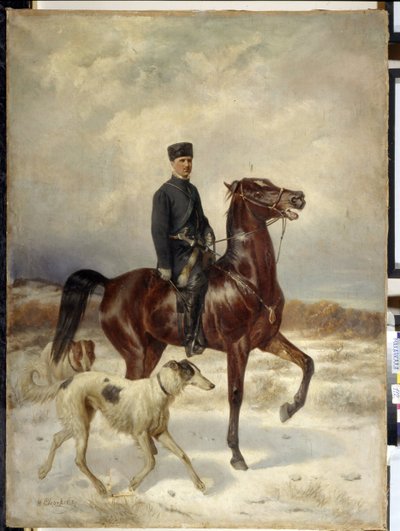 El Cazador (El Cazador). A caballo y acompañado de sus perros Barzoi (galgo ruso). Pintura de Nikolai Yegorovich Sverchkov (Nicolas Swertschkoff) (1817-1898), óleo sobre lienzo. arte ruso de Nikolai Egorevich Sverchkov