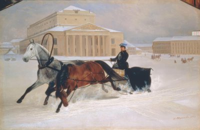 Trineo de caballos frente al Teatro Bolshói en Moscú de Nikolai Jegorowitsch Swertschkow