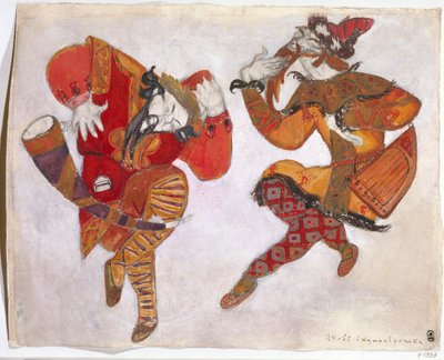 Los skomorokhs. Diseño de vestuario para la ópera Príncipe Igor de A. Borodin, 1914 de Nikolai Konstantinowitsch Roerich