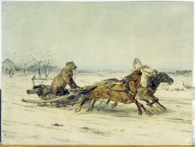 General Toptygin - Un oso con hocico en un trineo tirado por tres caballos (troika), según un cuento de Nicholas (Nikolai) Nekrassov (1821-1877) - Pintura de Pyotr (Piotr) Petrovich Sokolov (1821-1899), óleo sobre lienzo de Nikolai Nekrassov