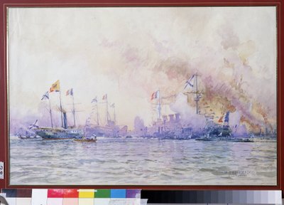 Llegada de la escuadra francesa a Krondstadt en 1893. Paisaje marítimo, con descripción realista de las fuerzas navales francesas (buques de guerra, fragatas y corbetas), tras la alianza franco-rusa de Nikolai Nikolaevich Gritsenko