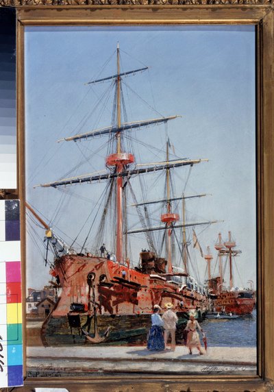 Construcción del crucero de escolta Admiral Kornilov en Bretaña. (Edificio del Crucero Protegido Almirante Kornilov en Bretaña). Pintura de Nikolai Nikolayevich Gritsenko (1856-1900), óleo sobre madera de Nikolai Nikolaevich Gritsenko