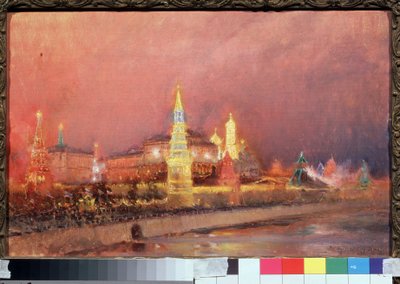 Iluminación del Kremlin de Moscú. Paisaje urbano, con banderas rusas y multitudes reunidas en los muelles a lo largo del Moskva. Pintura Nikolai Nikolayevich Gritsenko (1856-1900), óleo sobre lienzo 1896. Arte ruso, pa de Nikolai Nikolaevich Gritsenko