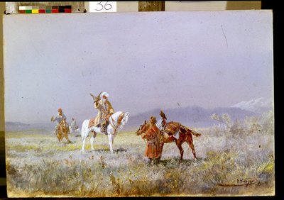 Cetrería (La Cetrería). Jinetes de Asia Central entrenan halcones para cazar en las estepas. Pintura de Nikolai Nikolayevich Karasin (1842-1908), óleo sobre lienzo de Nikolai Nikolaevich Karazin
