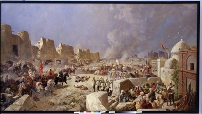 El ejército ruso invadió Samarcanda (Uzbekistán). Durante el periodo de expansión rusa en Asia Central, los rusos tomaron Samarcanda en 1868. Pintura de Nikolai Nikolayevich Karasin (1842-1908), óleo sobre lienzo 1888. Arte de Nikolai Nikolayevich Karasin