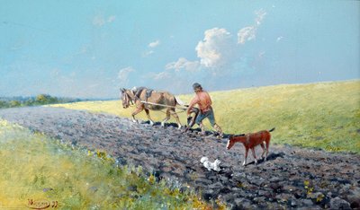 "Campesino arando su campo", Rusia Pintura de Nikolai Nikolayevich Karasin (1842-1908) 1899 Dim 16,5x27,5 cm Colección particular de Nikolai Nikolayevich Karasin