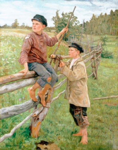 Chicos en un paisaje de Nikolai P. Bogdanow Bjelski