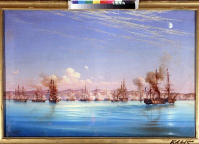 Bombardeo de Sebastopol desde la escuadra francesa británica en 1854. Episodio del asedio de la ciudad de 1854 a 1855, durante la Guerra de Crimea entre la coalición de los imperios otomano, francés y británico. de Nikolai Pavlovich Krasovsky