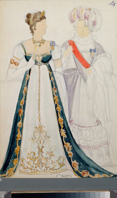 Diseño de vestuario para la ópera "Eugene Onegin de P Tchaikovsky" (1840-1893) - Por Nikolai Pavlovich Ulyanov (Ulyanov) (1875-1949), lápiz y acuarela sobre papel de Nikolai Pavlovich Ulyanov