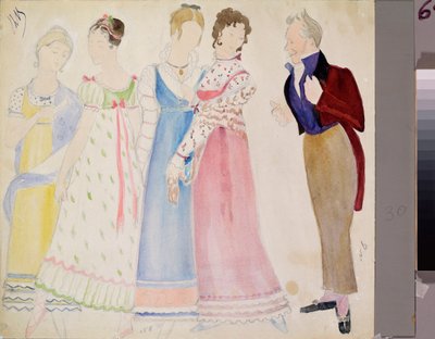 Diseño de vestuario para la ópera "Eugene Onegin de P Tchaikovsky" (1840-1893) - Por Nikolai Pavlovich Ulyanov (Ulyanov) (1875-1949), lápiz y papel, con fondo blanco y negro de Nikolai Pavlovich Ulyanov