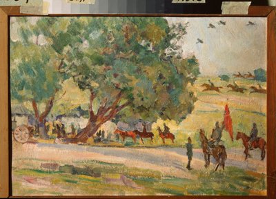 Maniobras militares cerca de Moscú - por Nikolai Pavlovich Ulyanov (1875-1949), óleo sobre tabla de Nikolai Pavlovich Ulyanov