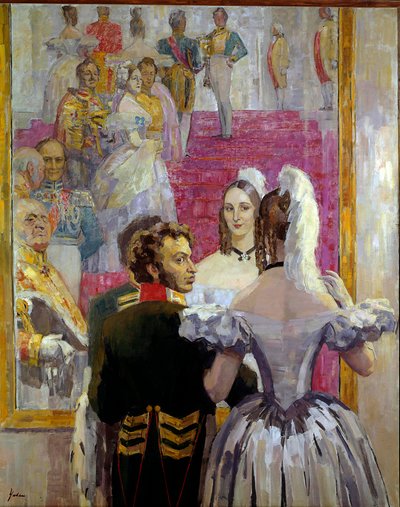 El poeta ruso Alexander Pushkin (Pushkin) (1799-1837) y su esposa Natalia Gontcharova (Goncharova) en el baile del Palacio Anichkof. Pintura de Nikolai Pavlovich Ulyanov (Ulyanov) (1875-1949) de Nikolai Pavlovich Ulyanov