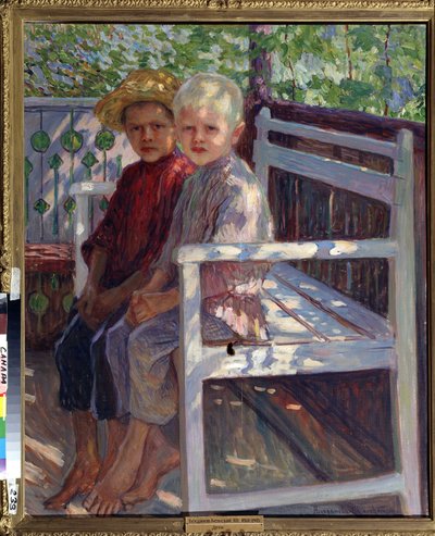 Los niños. Dos niños, uno con el pelo rubio, el otro con el pelo castaño, sentados descalzos en un banco al sol. Pintura de Nikolai Petrovich Bogdanov Belsky (Bogdanov-Belski) (1868-1945). Óleo sobre lienzo de Nikolai Petrovich Bogdanov Belsky