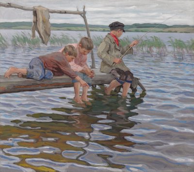 Niños pescando desde un muelle de Nikolai Petrovich Bogdanov Belsky