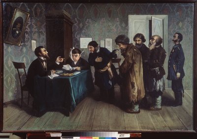 Tribunal de arbitraje en las provincias. Escenario diario de la justicia. Pintura de Nikolai Petrovich Zagorsky (1849-1893), óleo sobre lienzo de Nikolai Petrovich Zagorsky