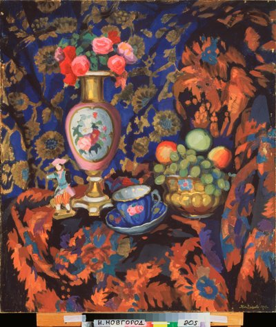 Naturaleza muerta con porcelana y flores - Obra de Nikolai Semiónovich Zaytsev (1885-1938), temple sobre tabla de Nikolai Semyonovich Zaytsev