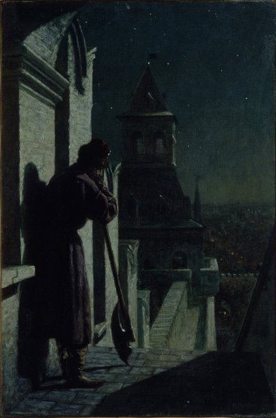 Strelets en la torre del Kremlin de Moscú en noche de luna, años 1890 de Nikolai Sergeyevich Matveyev