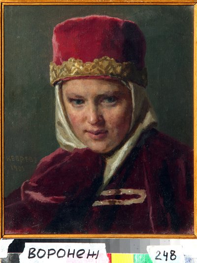 Boyar Woman (boiard, boiar) (Esposa de Boyar). Vistiendo ropa tradicional de la antigua Rusia, en el Gran Ducado de Moscú. Pintura de Nikolai Vasilyevich Nevrev (1830-1904), óleo sobre lienzo de Nikolai Vasilievich Nevrev